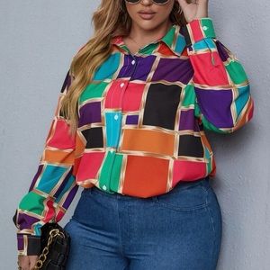 Plus Size Printed Patchwork Contrast Button Up Shirt